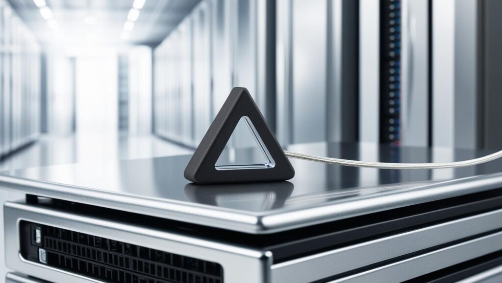 Small black triangle object with a cutout triangle in the center having a wire coming out of it. Within a data center